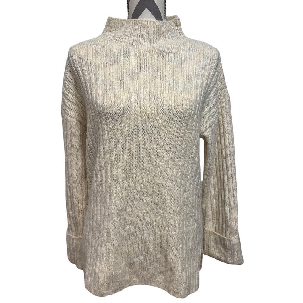 Old Navy Womens Sm Cream Mock Neck Ribbed Tunic Sweater Wool Blend Cuff Sleeve